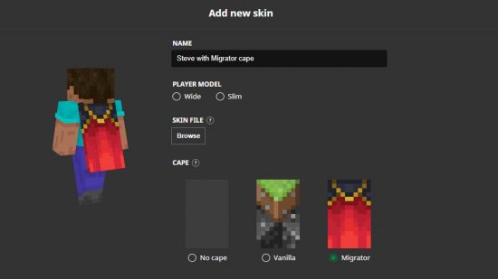 Minecraft capes: the launcher options for character editing, including the option to turn on capes., the Migrator cape, and the Vanilla cape, with the Steve character model wearing the Migrator cape