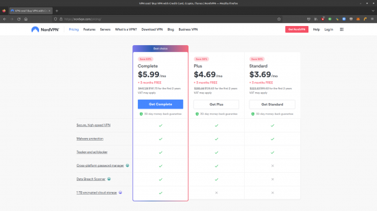 NordVPN review: the pricing plan in three tiers, with the left-most option being the cheapest