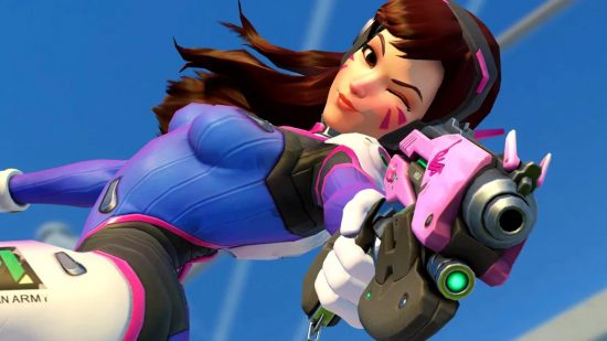 Overwatch 2 tier list: D.Va taking aim with her pistol.