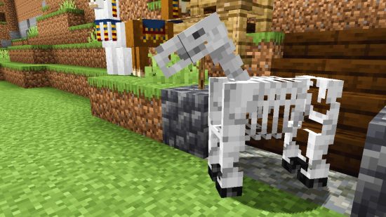 Minecraft mobs: A skeleton horse stands in front of two trader's llamas