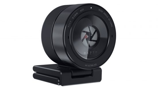 The Razer Kiyo Pro Ultra webcam against a white background with its shutter halfway closed