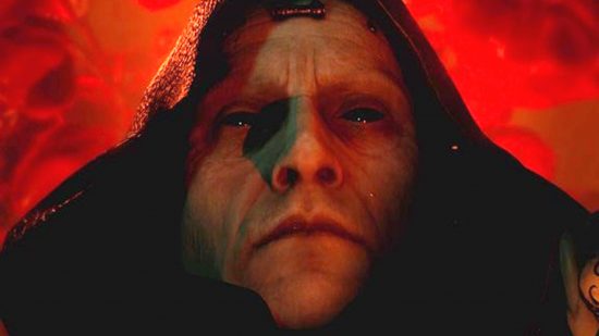 Diablo 4 tips and tricks beginner's guide: Image shows a mans face with black eyes, on a blood-red backdrop.