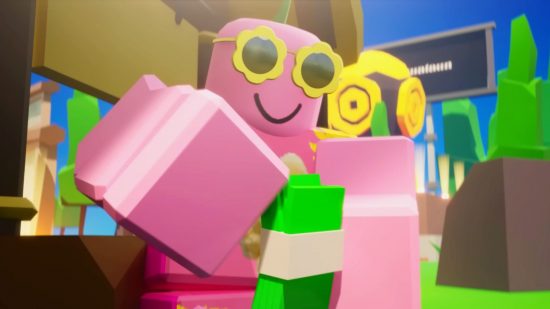 A pink Roblox character counts a sheaf of Robux bills while wearing flower power sunglasses after redeeming PLS Donate codes.