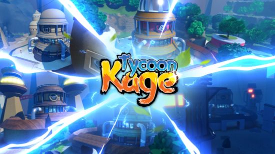 Kage Tycoon codes: A promotional image for Kage Tycoon on Roblox, featuring some of the worlds environments behind the words "Tycoon Kage"