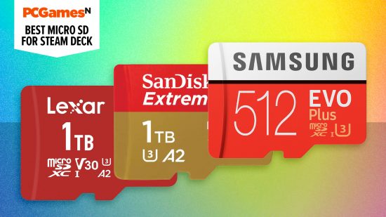 Best microSD card for Steam Deck - three microsd cards on a colorful gradient background