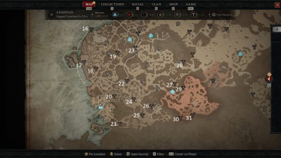 An image of part of the D4 map featuring the area of Southern Kehjistan and the Diablo 4 Altar of Lilith locations within.