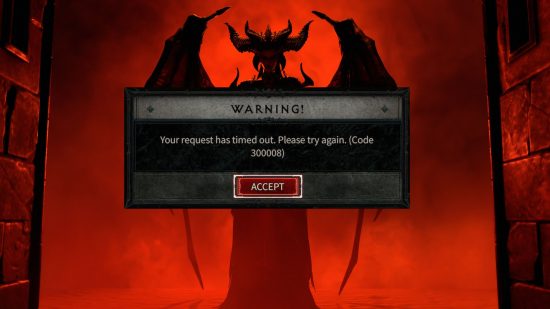 The tooltip identifying Diablo 4 error code 300008, with Lilith standing in the background.