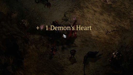 A Demon's heart, one of the many Diablo 4 resources, is collected after defeating a Flesh Thresher in Dry Steppes.