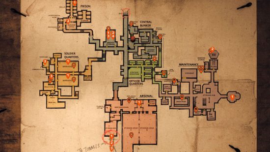 The complete Amnesia The Bunker map, including pins identifying the locations of key items, including the bolt cutters, dog tags, and dynamite.