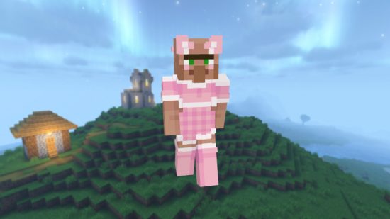 Best Minecraft skins: a villager skin featuring the recognisable face of a Minecraft villager, but in a unique, pink and white french maid outfit with cat ears.