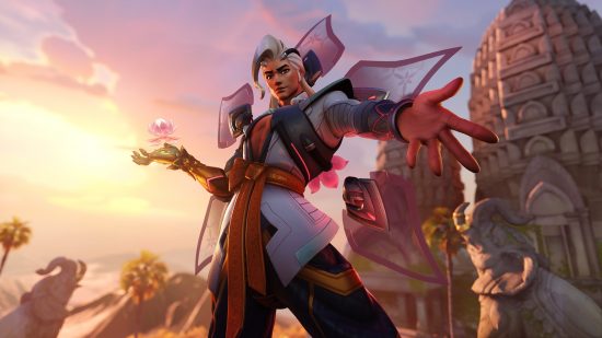 Overwatch 2 characters: a person wearing a white suit, holding a flower and gesturing toward the camera.