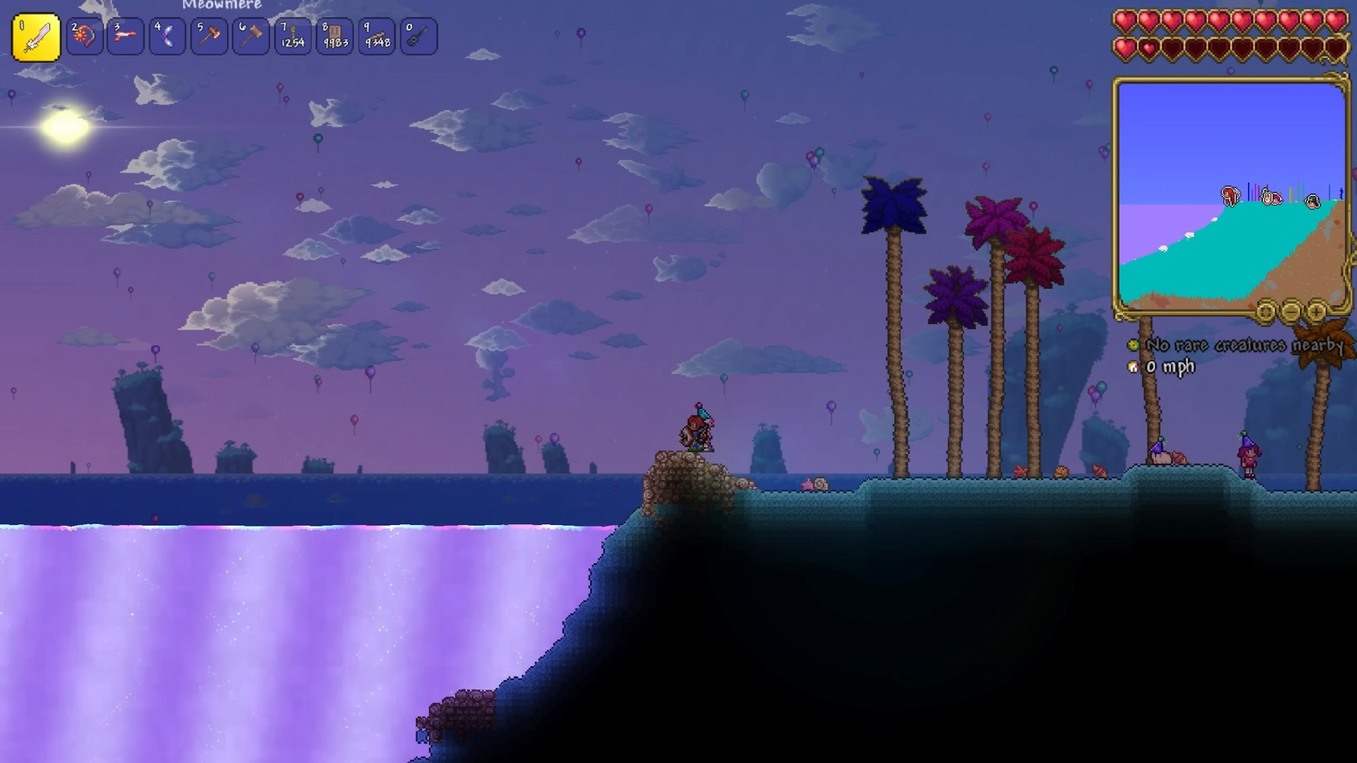 A screenshot of an iridescent shimmer lake from Terraria