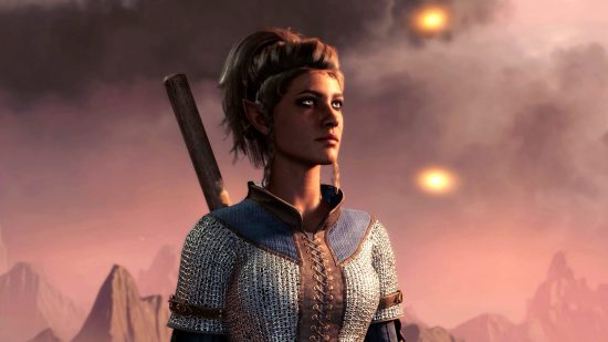 Baldur's Gate 3 best builds: A cleric clad in chainmail stares up at a smoke-flled sky with a sense of wonder and foreboding.