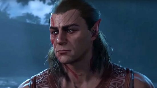 Baldur's Gate 3 best builds: Halsin, a Druid and possible companion, his face characterized by scars from the claws of an animal and red druidic tattoos.