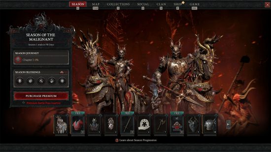 The first few tiers of the Diablo 4 Season 1 Battle Pass are shown in the image, alongside new Season Journey and Seasonal Blessings.