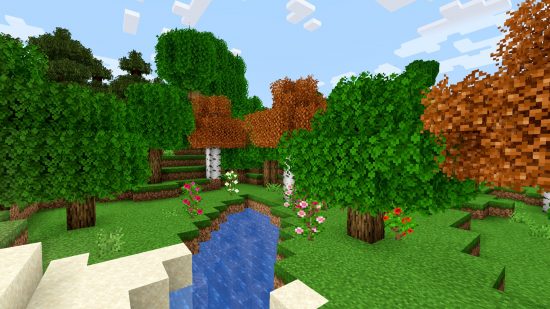 Tree variants with fluffy leaves, with colorful, detailed plants growing under them in the Stay True Minecraft texture pack.