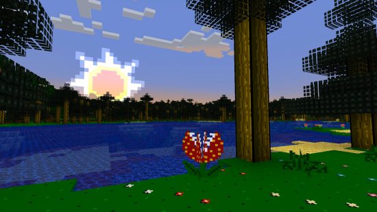 A Piranha plant under a tree as a large, star shaped sun sets over the horizon, showing just some aspects of one of the best Minecraft Texture packs, RetroNES.
