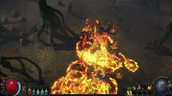 Path of Exile 3.22 - a character shows off the new Returning Projectiles support gem, with balls of flame bouncing all over the screen.