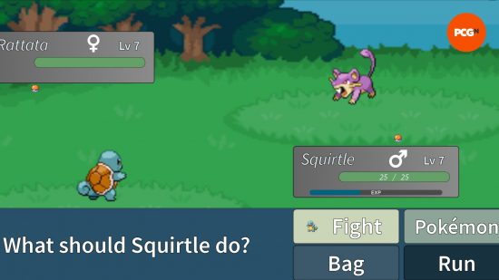 A battle takes place in Project Polaro between a Squirtle and a Rattata