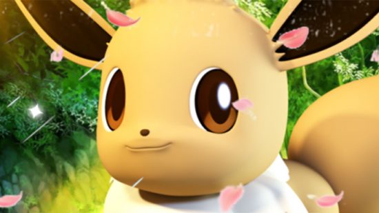 Project Polaro codes: A close-up of eevee's face with cherry blossom falling around