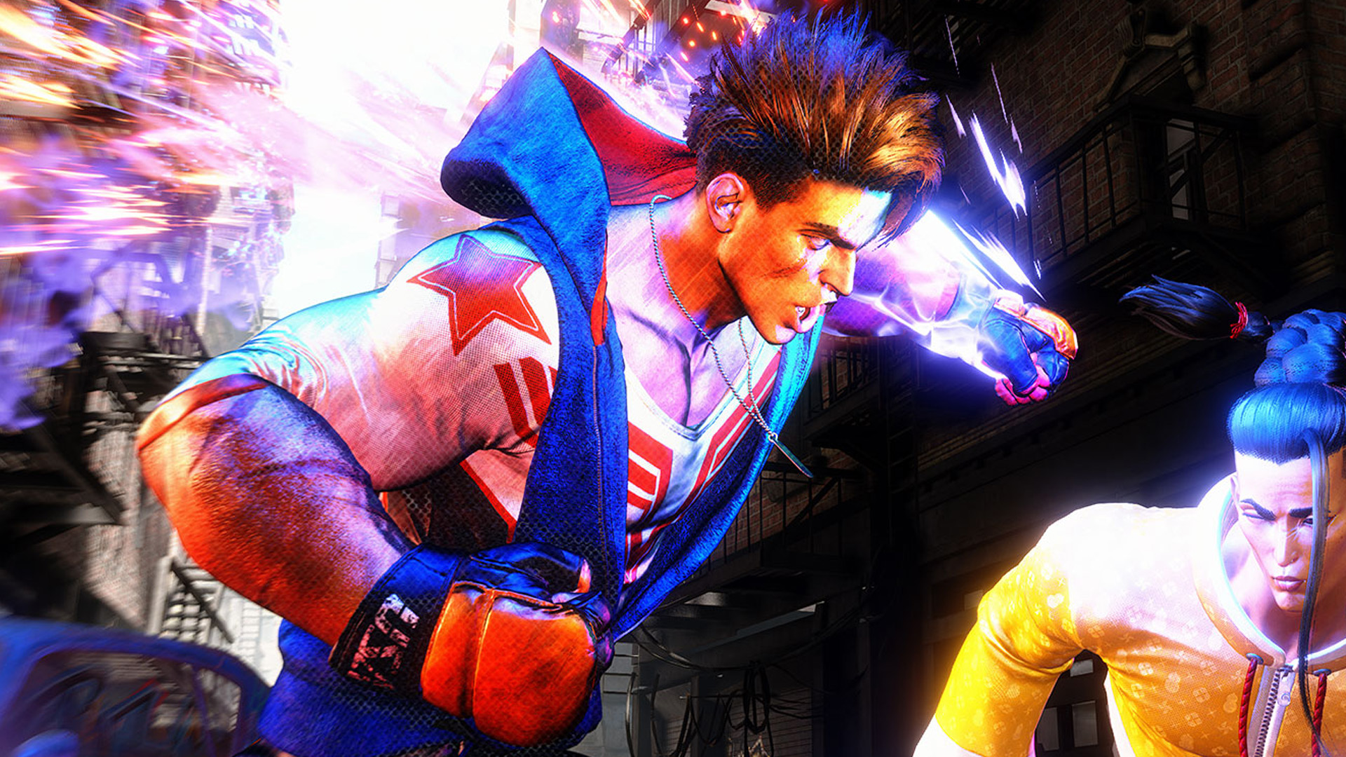 An image of Luke from Street Fighter 6, throwing a punch towards Jamie, another playable character within the game.