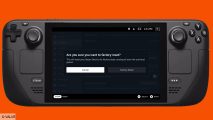 A screenshot on the screen of a Steam Deck, asking if you'd like to do a factory reset, while on an orange background.