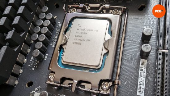 The Intel Core i9 14900K nestled inside its LGA 1700 socket