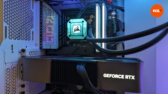 The inside of a gaming PC, using an ASUS ROG Maximus Z790 Dark Hero motherboard, Corsair iCUE H150i Elite Capellix XT water cooler, Corsair RAM, and an Nvidia GeForce RTX 4080 graphics card