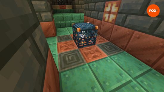 A Minecraft Breeze spawner, distinguished by the chiseled tuff blocks around it.