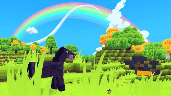 A cartoon horse stands in a brightly colored Minecraft world, with a rainbow behind it, in one of the best Minecraft texture packs, Tooniverse.