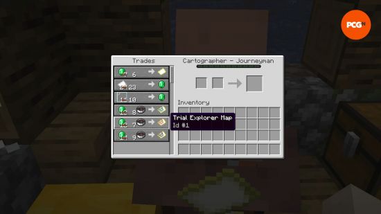 A Minecraft trial explorer map trade offered by a Cartographer villager.