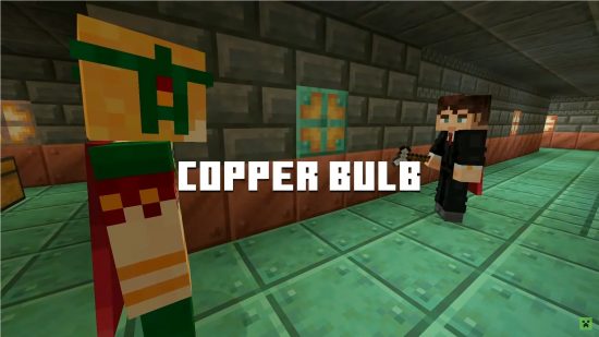 Two Mojang employees look at a Copper Bulb in-game.