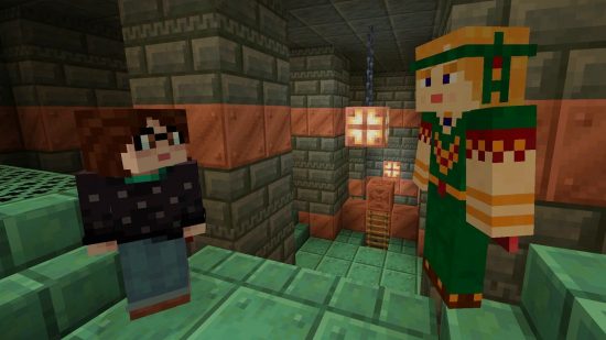 Two players experience a Minecraft Vanilla update trial chamber.