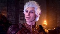 Baldur's Gate 3 GOTY nominees: Astarion, a white-haired pale vampire elf, smiles with his fangs showing