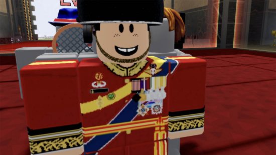 A screenshot of a Roblox character dressed like a British royal guard using Tower Defense X codes.