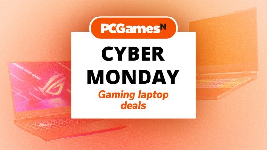 Best Cyber Monday gaming laptop deals written on a white card under the PCGamesN logo and a picture of laptops.