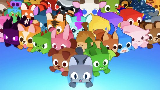 A bunch of Pet Simulator 99 pets running forwards.