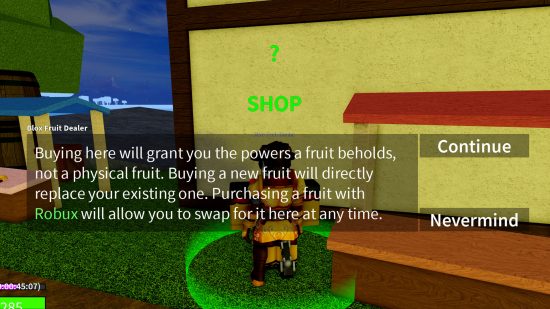 The Blox Fruits stocks dealer detailing how buying one fruit replaces the last.