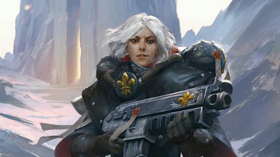 Warhammer 40k Rogue Trader review: key art of argenta from rogue trader holding a gun.