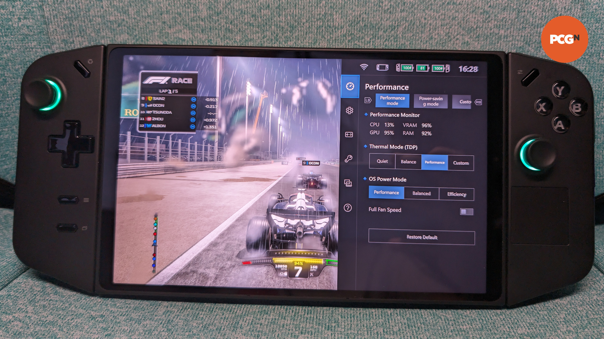 The Lenovo Legion Go, playing F1 23, its overlay visible (right)