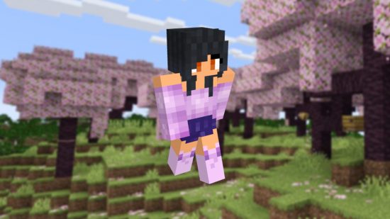 An Aphmau Minecraft skin on a backdrop of a cherry grove biome.