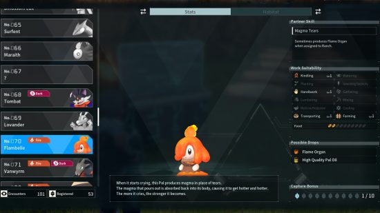 Palworld Paldeck, all pals: a data screen showing the pal Flambelle.