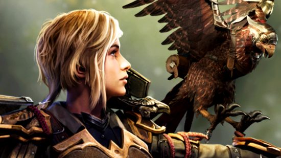 The Last Epoch Falconer makes Diablo 4's Necromancer look dull - A blonde-ahired woman looks up at an armored falcon flying in to perch on her arm.