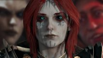 Diablo 4 is worth your time on Game Pass - A red-haired Necromancer with bright blue eyes, backed by Lilith and Vani from the Blizzard RPG's story campaign.