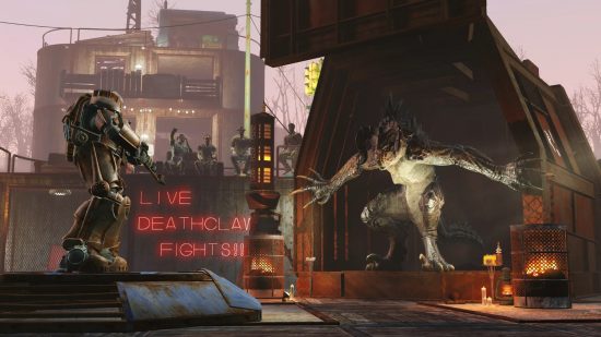 Best Fallout 4 builds: a person wearing a huge set of armor attempts to fight a huge monster with razor sharp claws.