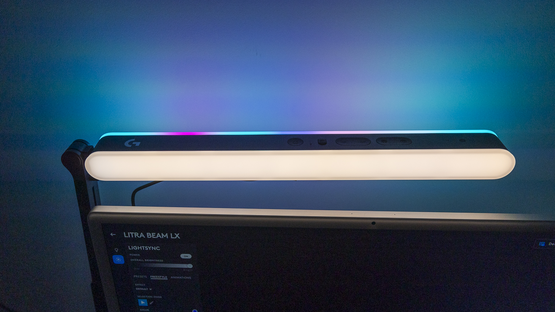 The Logitech G Litra Beam LX behind an iMac