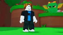 Pet Catchers codes: a Roblox man standing next to a green dragon.