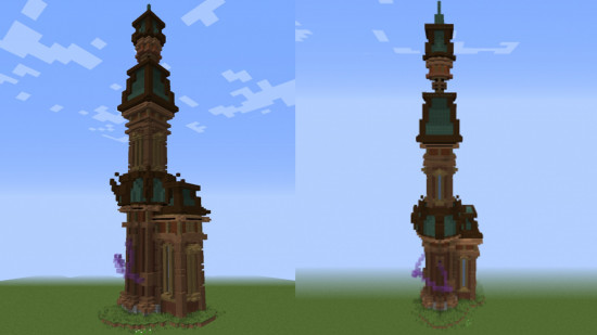 A three-tier steampunk fantasy Minecraft tower house.