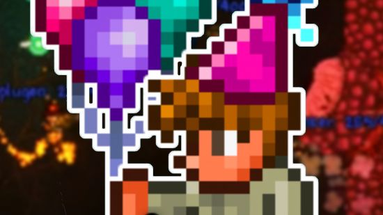 13 years on, one of the oldest Terraria updates is new again - The guide wearing a party hat and holding balloons, with the Wall of Flesh in the background.