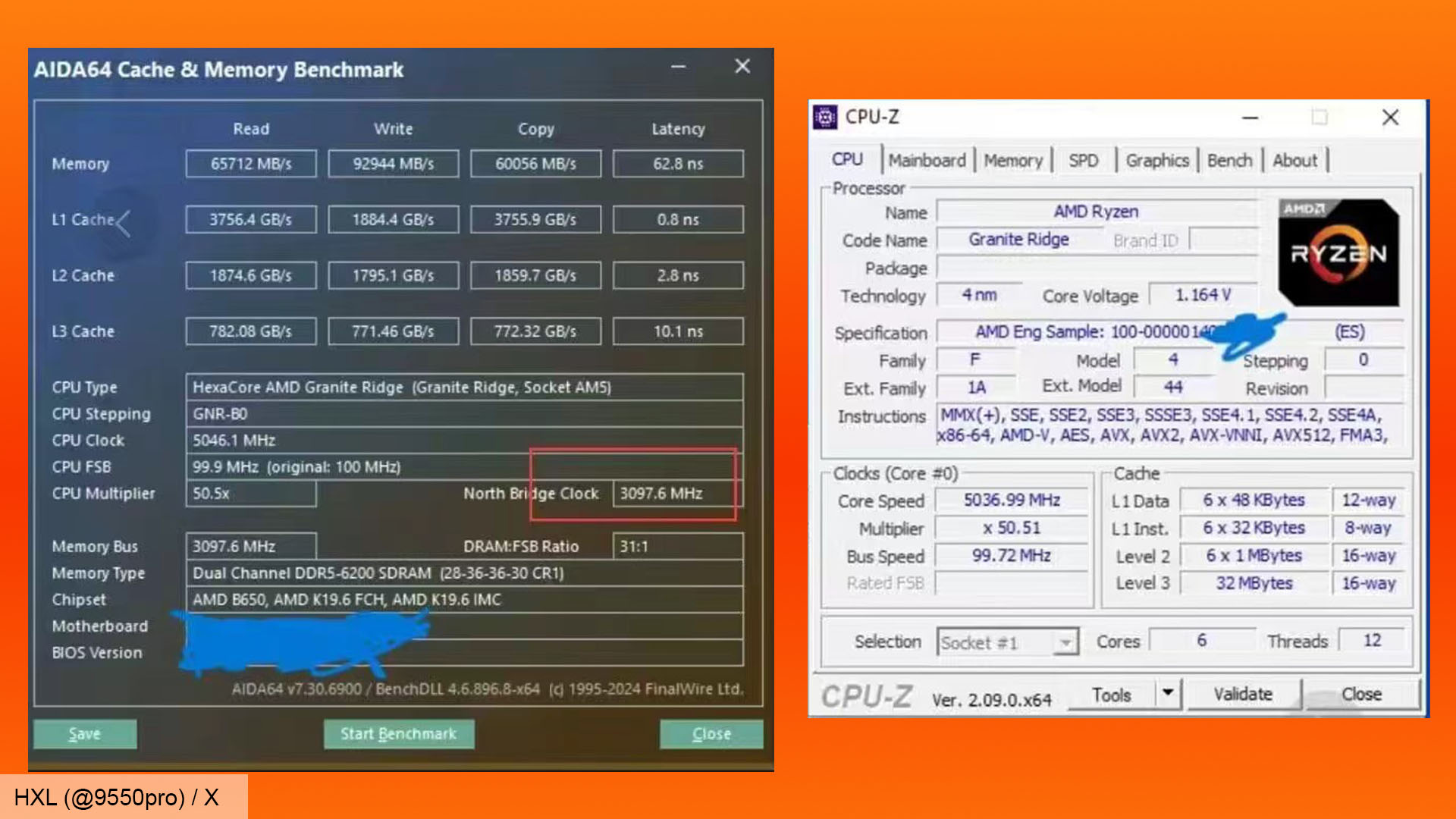 AMD Ryzen 5 9600X CPU-Z and AIDA64 benchmark leak screenshot - HXL
